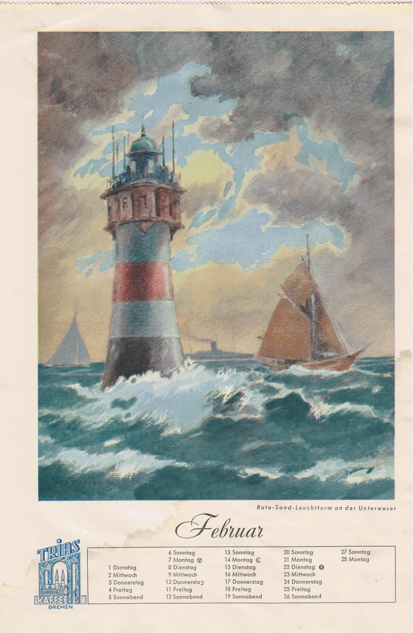 Trias Kaffee, Bremen - Kalenderblatt mit künstlerischer Ansicht Leuchtturm Roter Sand